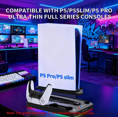 P58 Charging Base Cooling Bracket Compatible with PS5 Console, Vertical Stand Cooling Fan, Multi-Functional Cooling & Charging Station for PS5 Slim Pro All Model Universal