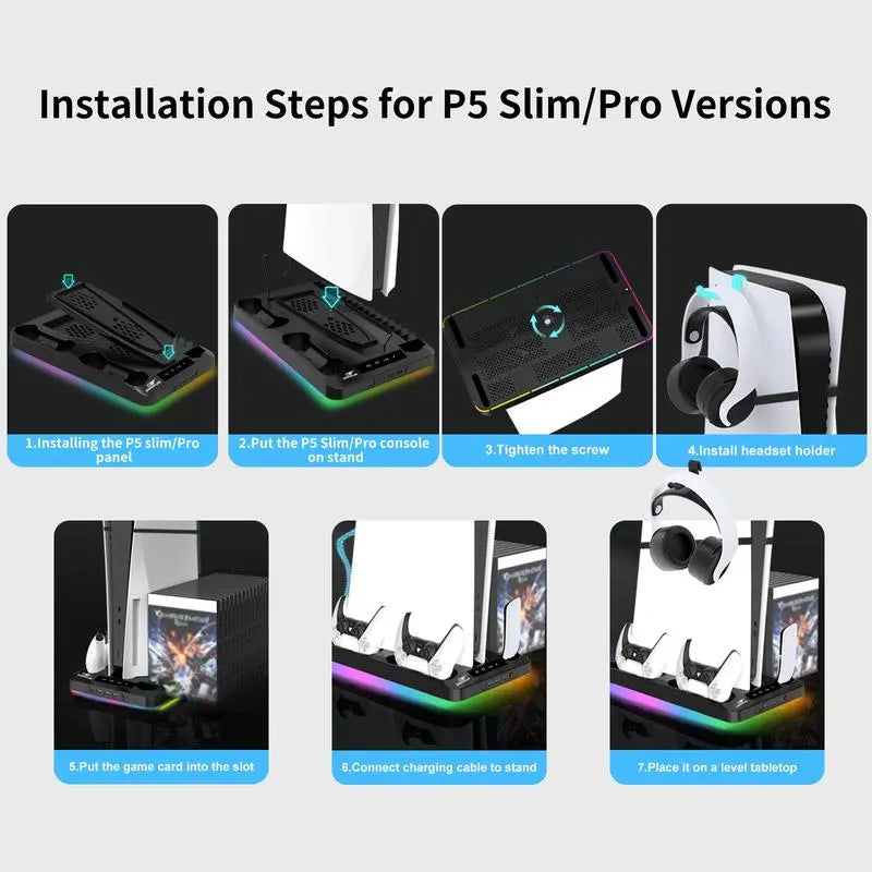 P58 Charging Base Cooling Bracket Compatible with PS5 Console, Vertical Stand Cooling Fan, Multi-Functional Cooling & Charging Station for PS5 Slim Pro All Model Universal