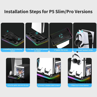 P58 Charging Base Cooling Bracket Compatible with PS5 Console, Vertical Stand Cooling Fan, Multi-Functional Cooling & Charging Station for PS5 Slim Pro All Model Universal