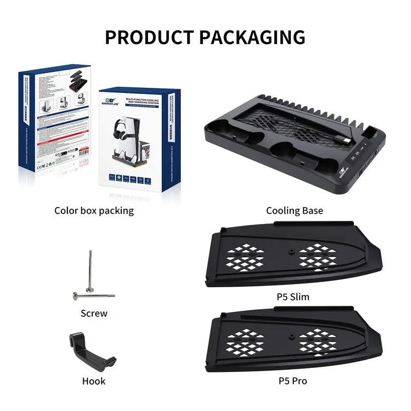 P58 Charging Base Cooling Bracket Compatible with PS5 Console, Vertical Stand Cooling Fan, Multi-Functional Cooling & Charging Station for PS5 Slim Pro All Model Universal