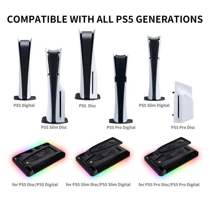 P58 Charging Base Cooling Bracket Compatible with PS5 Console, Vertical Stand Cooling Fan, Multi-Functional Cooling & Charging Station for PS5 Slim Pro All Model Universal